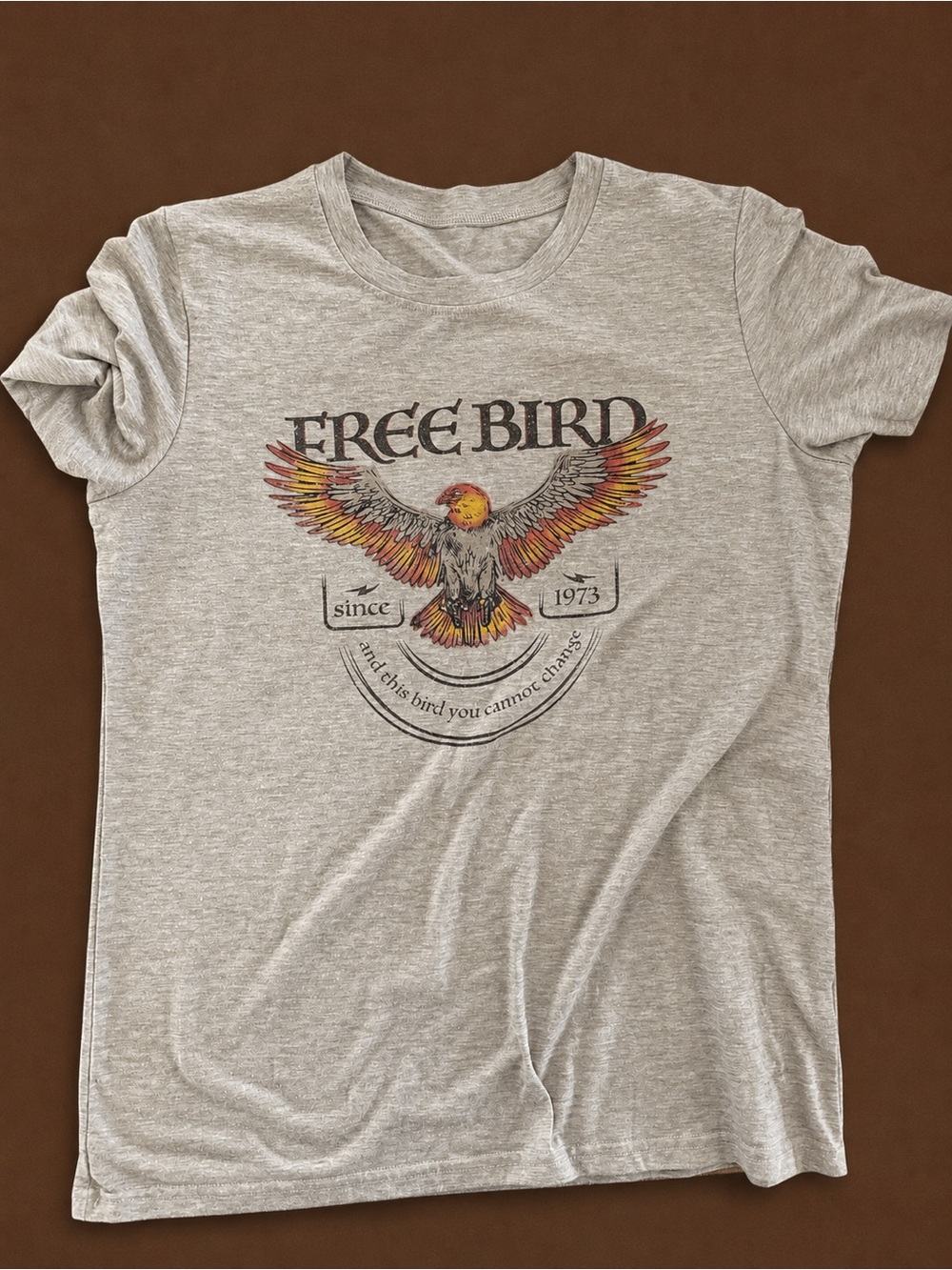 freebird Heather Gray Tee with Red-Yellow Multicolor Bird